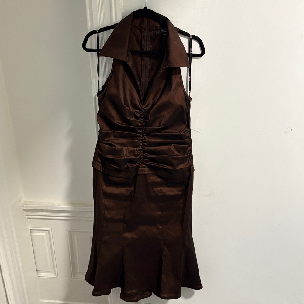 Tadashi Shoji Chocolate Brown Satin Ruched Halter Midi Dress
